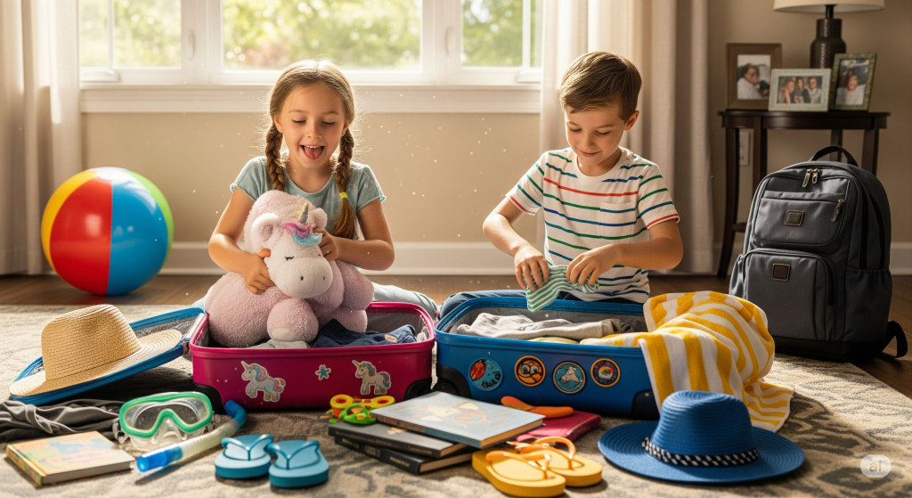 Grafika przedstawiająca dzieci pakujące się na wakacje