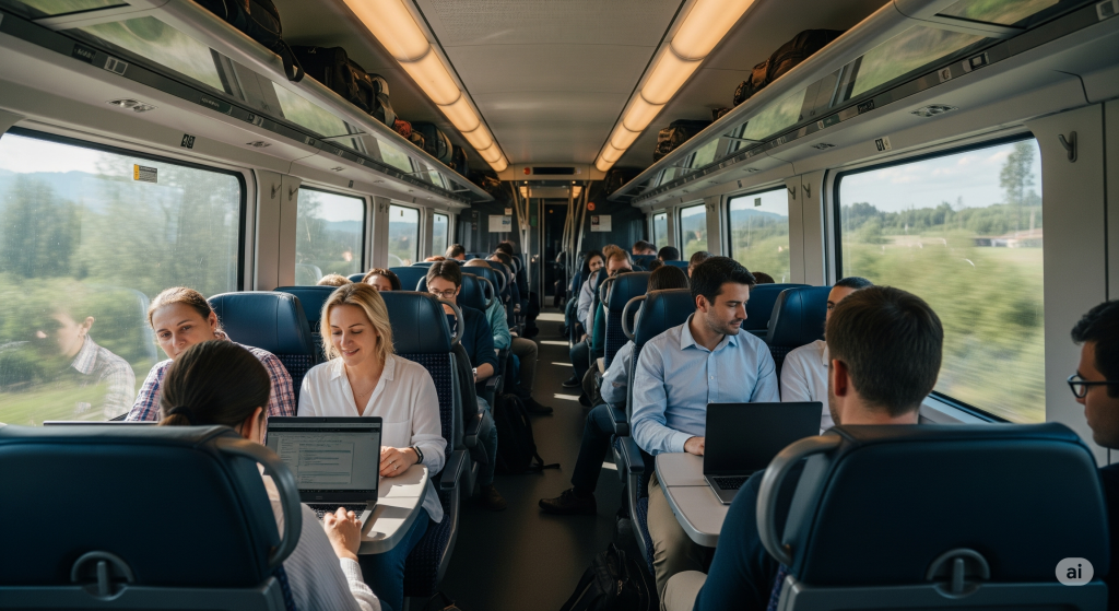 Grafika przedstawiająca pasażerów siedzących w pociągu