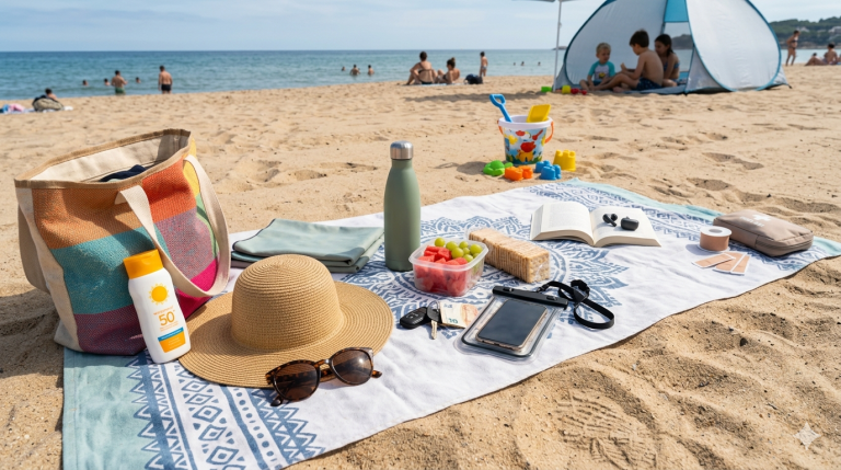 Na obrazie widać ręcznik plażowy z niebieskim, orientalnym wzorem
